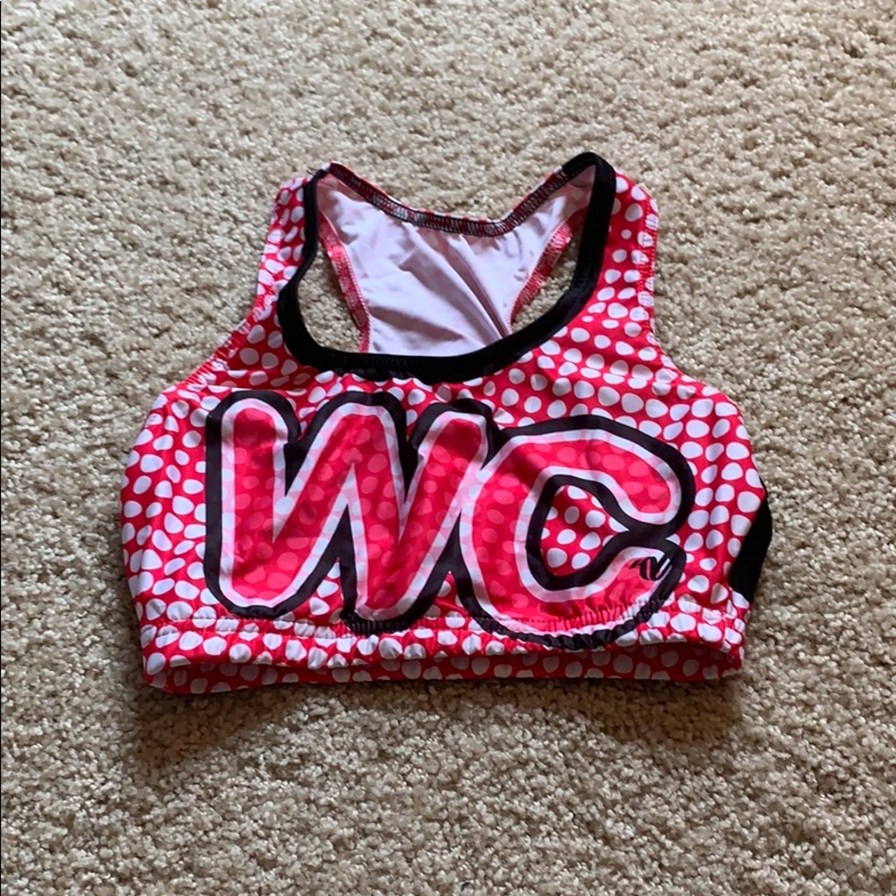 Pink, black, and white World Cup cheer sports bra